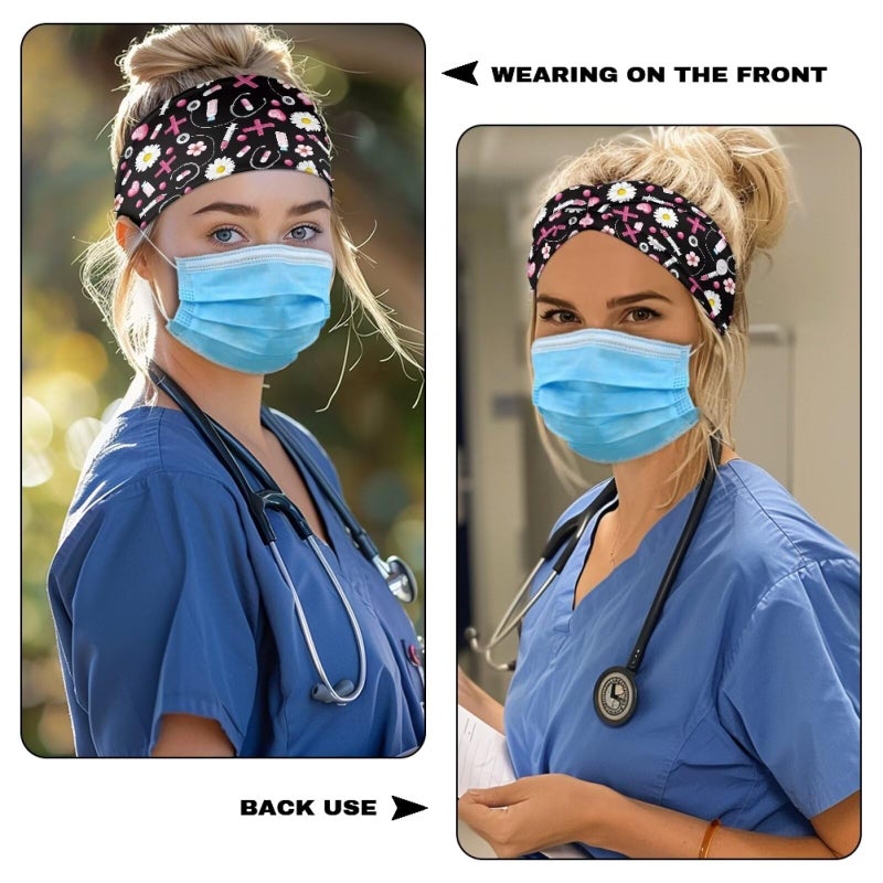 Babrukda Headband with Buttons for Mask Daisy Floral Black Turban Headwrap Nurse Doctors Dentists Sweatband Women Men Face Cover Holder Elastic Hair Accessories Hairbands for Working - Image 3